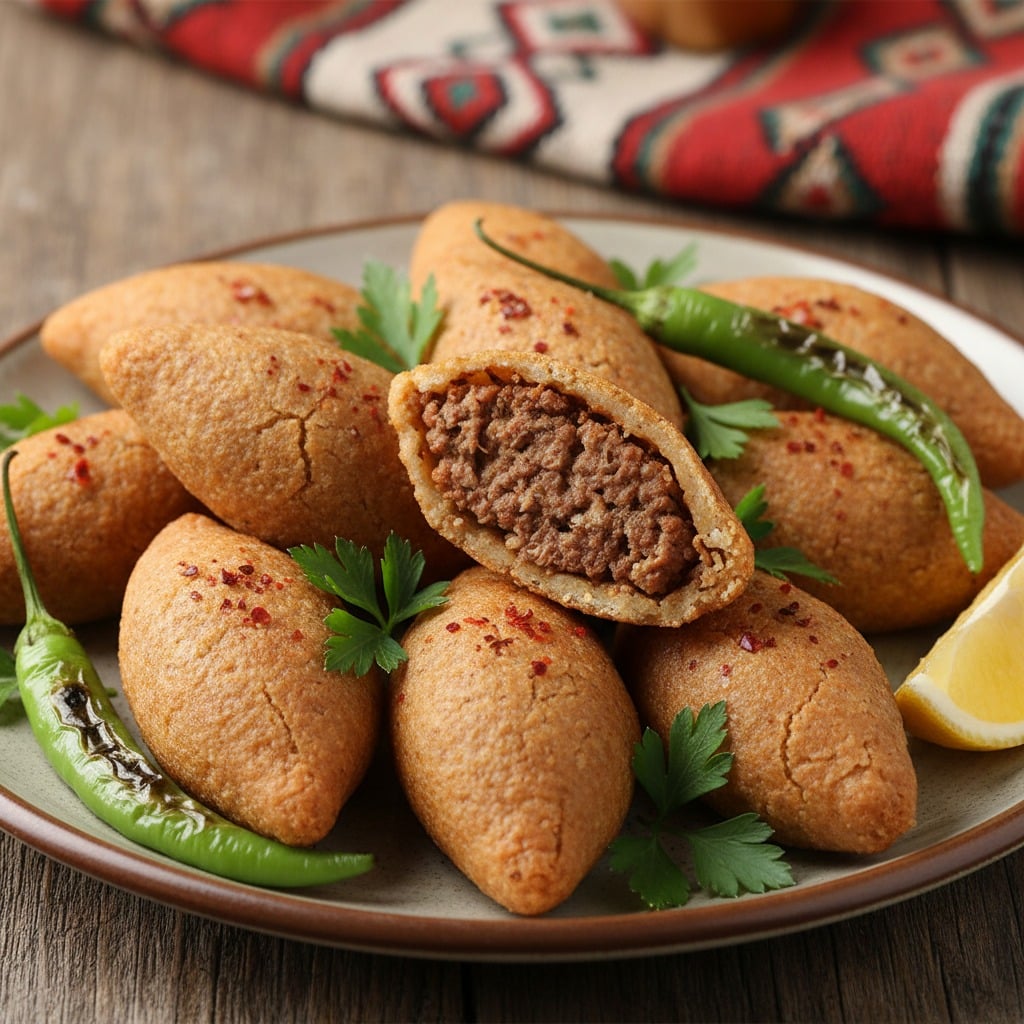 Tabakta kıymalı iç harcı görünen kesilmiş bir adet ve etrafında dizilmiş diğer içli köfteler, yeşil biber, maydanoz ve limon dilimi ile servis ediliyor.